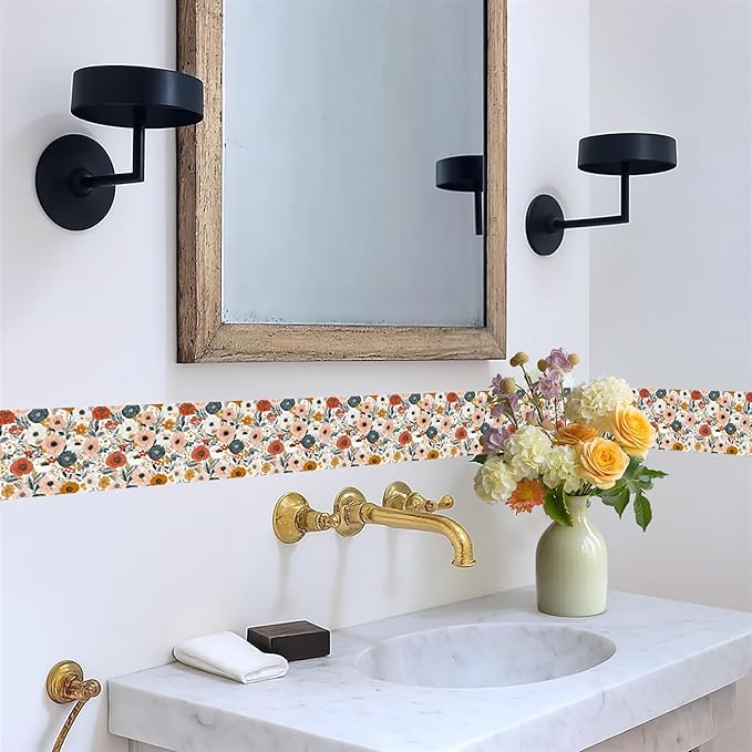 Vintage Rose Wallpaper Border 196x4 Inch Peel and Stick Wall Border Removable Vinyl Wall Trim Elegant Floral Pattern for Kitchen Bathroom Living Room Bedroom Mirror Cabinet Home Decor