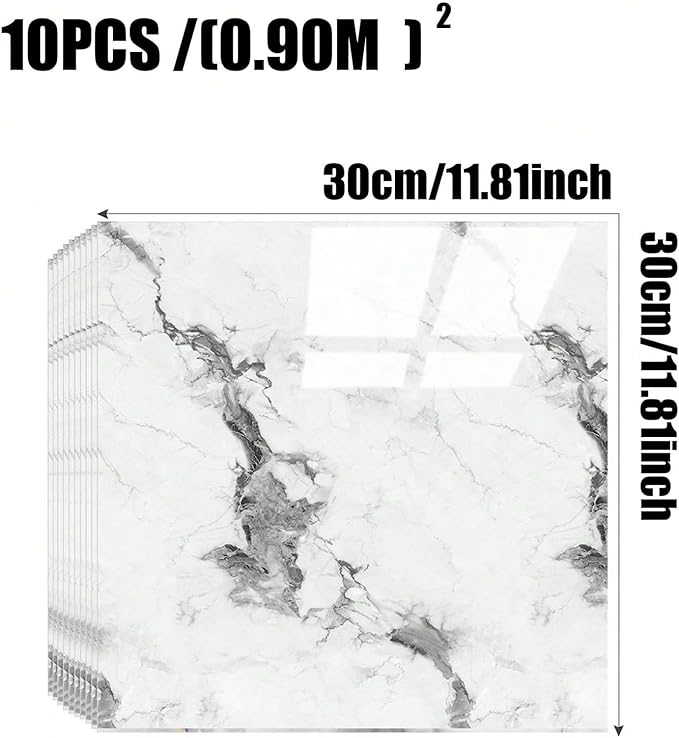 Chejiaye 10pcs Marble Peel and Stick Backsplash Waterproof Washroom Wall Panels, Peel and Stick Tile, PVC Foam Wall Panels for Kitchen,Bathroom,Living Room,White Grey(Not Real Tile,11.8" x 11.8")