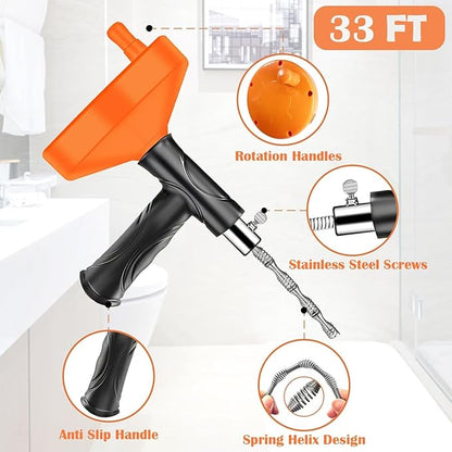 Drain Snake Auger (33 Feet), Plumbing Snake Drain Hair Clog Removal Tool, Sink Unclogger Drain Cleaner Tool for Bathroom Kitchen Tub Shower with Gloves