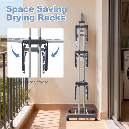 Foldable Clothes Drying Rack, 4 Tier Metal Clothes Rail with Wheels 7 Windproof Hooks Clothes Horses Rack Laundry Garment Dryer Stand with 2 Side Wings Indoor, Outdoor, Bedroom, Loft (Gray)
