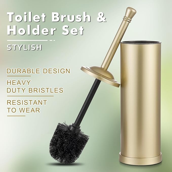 Gold Toilet Brush and Holder Set,304 Stainless Steel Toilet Bowl Brush and Holder for Bathroom,Heavy Duty Toilet Brush,Durable Scrubbing Bristles,Splash Resistant,Long Handle