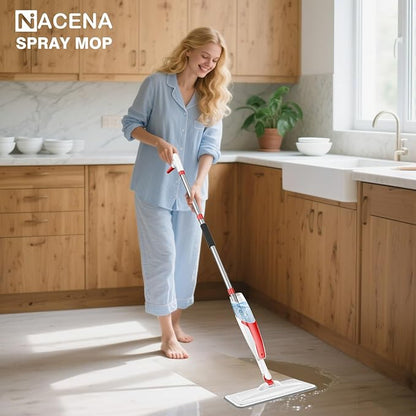 nacena Spray Mop for Floor Cleaning, Dust Mop with 420 ml Refillable Bottle and 3 Pcs Washable Pads Dry Wet Floor Mop for Household or Commercial Use for Hardwood Laminate Tile Ceramic, Red&White