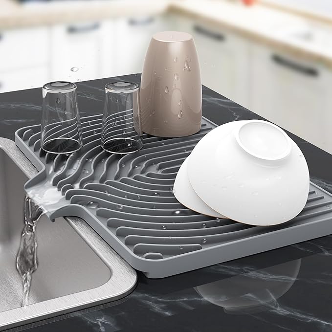 Silicone Drying Mat for Kitchen Counter , Dish Drying Rack Matt with Built in Drain, Small Dry Mats for Dishes Drying Pad for Kitchen Counter (18×12inch Extra Raised, gray)