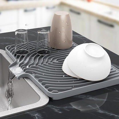 Silicone Drying Mat for Kitchen Counter , Dish Drying Rack Matt with Built in Drain, Small Dry Mats for Dishes Drying Pad for Kitchen Counter (18×12inch Extra Raised, gray)