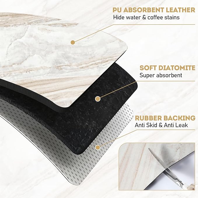 LemonRoad Dish Drying Mat for Kitchen Counter, 12"x20" Absorbent Coffee Bar Mat with Marble Texture Design, Fast-dry Diatomite Drainer Drying Mats with Non-slip Backing for Kitchen Sink Countertop