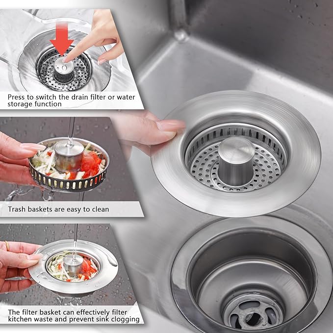 Upgraded 3 in 1 Kitchen Sink Drain Strainer,Anti-Clogging Sink Food Catcher Basket, Stainless Steel Pop-Up Kitchen Sink Stopper for US Standard 3-1/2 inch Kitchen Sink (Silver-1Pack)