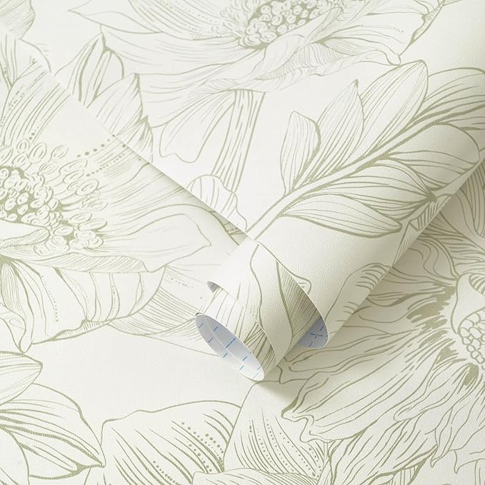 Ismoon Vintage Floral Wallpaper Peel and Stick Beige and Green Contact Paper 17.3inx32.75ft Removable Self Adhesive Wall Paper for Bathroom Bedroom Cabinet Mural Wall Decor Vinyl Renter Friendly