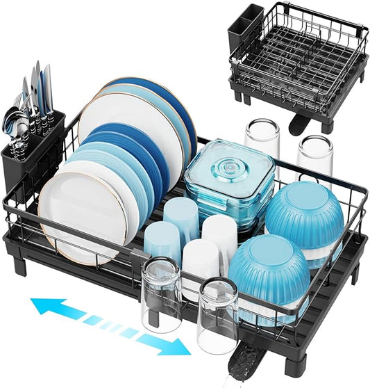 GSlife Expandable Dish Drying Rack with Drainboard, Compact Rustproof Dish Rack for Kitchen Counter, Ultra-Sturdy Space Saver with Cup Holder for Small Apartment,12.2" W x 12"-20.5" L, Black