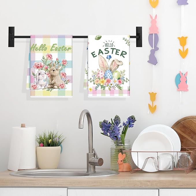 Easter Towels Kitchen Sets - Easter Bunny Rabbit Dish Towel 16x24 Inch Colorful Easter Kitchen Towel Spring Hand Towels Hello Spring Set of 6 Easter Blessings for Bathroom Kitchen