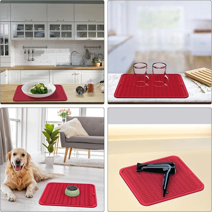 ZLR Silicone Dish Drying Mat 12" x 12" Square - Small Heat Resistant Trivet & Countertop Protector for Air Fryer, Coffee Maker - Waterproof Kitchen Drain Pad for Cups, Fruit (Lava Red)