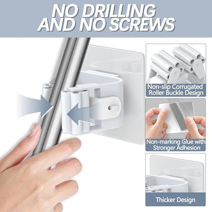 3-H 24-Pack Self Adhesive Broom Holder Wall Mount - Heavy Duty No Drill Broom Organizer for Garage Closet Kitchen, Plastic Storage Rack for Brooms Mops Tools, Peel and Stick Adhesive, White