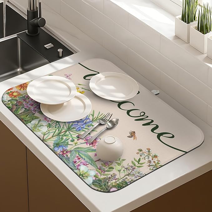 Dish Drying Mat Drainer Pads - Extra Large Microfiber Drying Mats for Dishes Spring Summer Flower Kitchen Counter Super Absorbent Pads for Draining Racks (Beige,16"x18" )