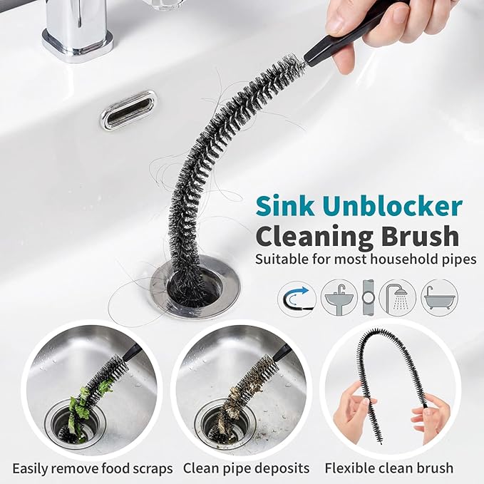 Drain Cleaning Brush 2 Pack, 23.6 Inch Long Pipe Cleaner Brush, Flexible Drain Clog Remover Tool with Nylon Bristles, Sink Drain Cleaner for Hair Clogs, Kitchen Sink, Bathroom Tub, Shower Drain