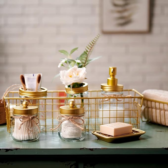 SheeChung Kitchen and Bathroom Soap Dish Tray - Metal Soap Dish Tray with Drainage Grid and Holder for Kitchen Sink Countertops to Store Soap, Sponges, Scrubbers - Rust Resistant (Gold)