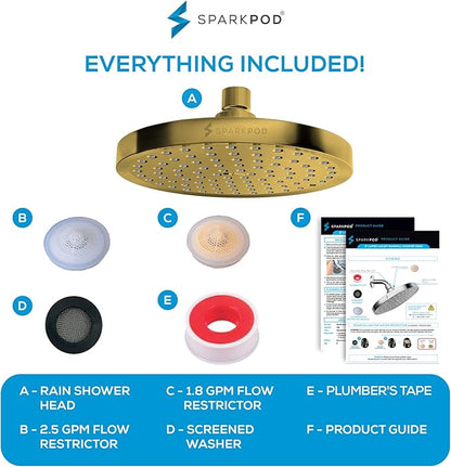 SparkPod Shower Head - High Pressure Rain - Premium Quality Luxury Design - Easy Clean Adjustable Replacement for Your Bathroom Shower Heads (Egyptian Gold, 8 Inch Round)