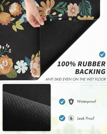 AMOAMI Coffee Mat Hide Stain Rubber Backed Absorbent Dish Drying Mat for Kitchen Counter - Bar Accessories Fit Under Coffee Maker, Espresso Machine, Dish Rack - Floral Black 16x24