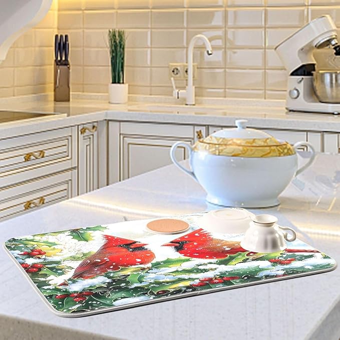 Red Cardinals Holly Bush Christmas Dish Drying Mat for Kitchen Counter Absorbent Microfiber Drying Pad, Medium 16x18 in
