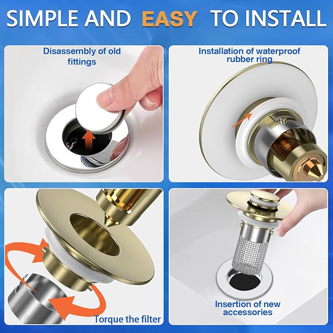 Sink Stopper Hair Catcher,(4PCS) Pop-up Sink Drain Strainer with Removable Stainless Steel Strainer Basket Hair Catcher, Bathroom Sink Strainer for Bathroom Sink Stopper Replacement (4, Brushed Gold)
