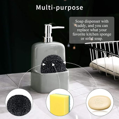 Dish Soap Dispenser - Kitchen Soap Dispenser with Sponge Holder Matte Ceramic Soap Daddy Dispenser 20oz for Kitchen (Grey)