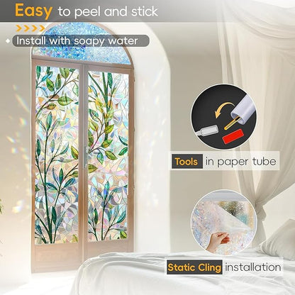 Rainbow Privacy Film with Cutting Line, 3D Decals Stained Glass Window Clings, Static Cling Window Sticker, Suncatcher - 29.5" x 157.4"