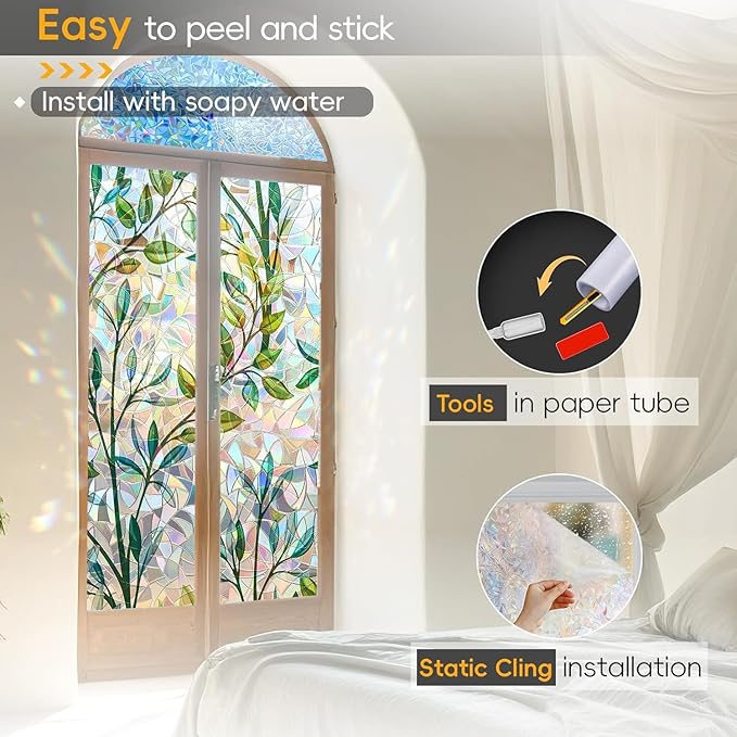 Rainbow Privacy Film with Cutting Line, 3D Decals Stained Glass Window Clings, Static Cling Window Sticker, Suncatcher, 23.6" x 78.7"