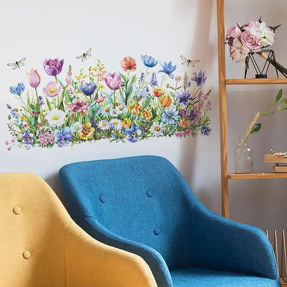Wildflower Wall Decals with Daisy Tulip Garden Floral Dragonfly Peel and Stick Removable Wall Art for Nursery Girls Room Living Room Kitchen Decor
