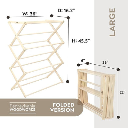 Pennsylvania Woodworks Premium American Maple Clothes Drying Rack - Handcrafted in Pennsylvania - Solid Wood Construction, Collapsible, Eco-Friendly Laundry Solution (Large)
