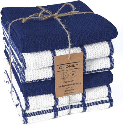 Assorted Waffle Kitchen Towels 100% Cotton Set of 6 - Heavy Duty 320 GSM Quality Dish Cloths Towel - Soft Absorbent Washable for Kitchen Use - Quick Drying Dish Towel 16x26 inch Blue