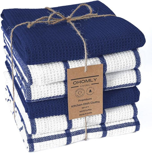 Assorted Waffle Kitchen Towels 100% Cotton Set of 6 - Heavy Duty 320 GSM Quality Dish Cloths Towel - Soft Absorbent Washable for Kitchen Use - Quick Drying Dish Towel 16x26 inch Blue