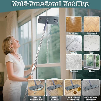 Flat Mop with 3 Pads, Microfiber Mops for Floor Cleaning Adjustable Handle 29-49, Dust Mop for Hardwood Floors, Wet Dry Use on Laminate Wood Tile Vinyl Wall Mopping Bathroom Kitchen Household Supplies