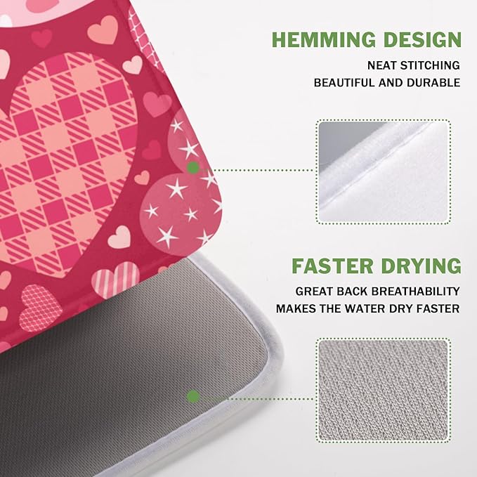 Valentine's Day Dish Drying Mat 16 x 18 Inch Heart Shaped Pattern Dish Drying Pad Absorbent Microfiber Mats for Red Dish Rack Pad for Kitchen Counter Coffee Bar Decor