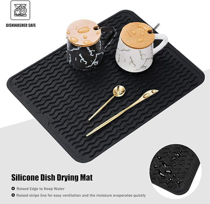 Silicone Dish Drying Mat, Non-Slip Easy Clean Sink Mat Large Heat-resistant Dish Drainer Mat for Kitchen Counter, Sink, Refrigerator or Drawer liner (16" x 12", BLACK)