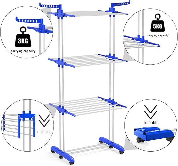 Clothes Drying Rack with Wheels, Multifunctional, 4 Levels, Foldable Stand, Space Saving with Wings Laundry Tower for Indoor and Outdoor Use (Blue White)