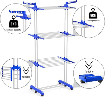 Clothes Drying Rack with Wheels, Multifunctional, 4 Levels, Foldable Stand, Space Saving with Wings Laundry Tower for Indoor and Outdoor Use (Blue White)
