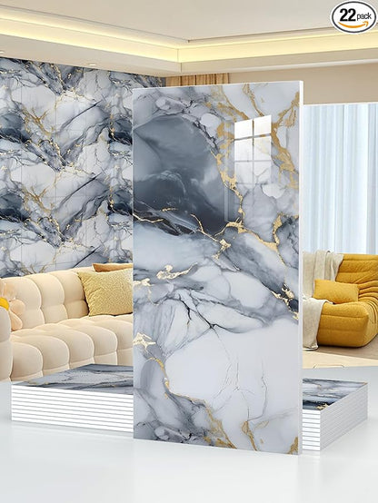 22pcs Marble Peel and Stick Waterproof Wall Panels,Heat-Resistant Backsplash Tile, 23.6"x11.8" PVC Foam Wall Sticker for Kitchen,Living Rooms,TV Walls,Blue and Gold(Not Real Tile 42.6Sq. Ft.)