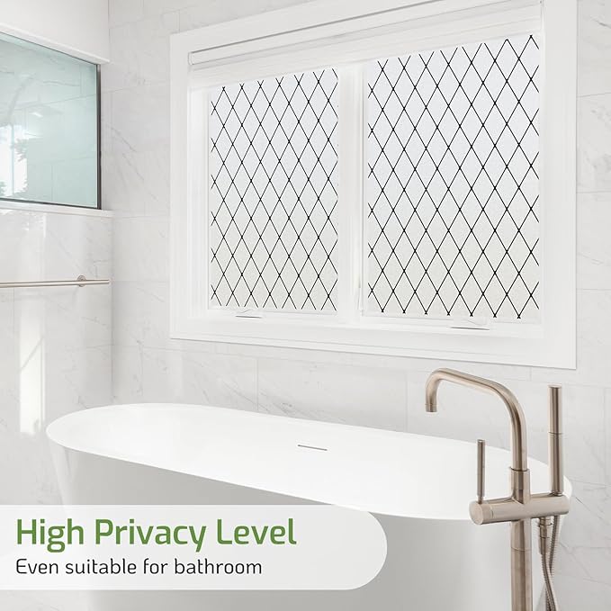 LUTE Frosted Window Privacy Film, Static Cling UV Sun Blocking Heat Control Window Cover, Removable Non-Adhesive Glass Sticker Vinyl Decorative Bathroom Frosting Decals, Black Lattice, 17.5" x 157.4"
