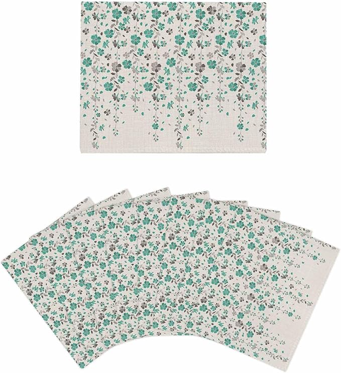 8 Pack Flower Teal Kitchen Dish Cloths, Grey Cherry Blossoms Cotton Linen Background Dishcloths for Kitchen, Reusable Paper Towels, Super Absorbent Quick Drying Washcloths Cleaning Wipes, 6x5 inch