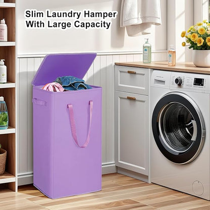 Odonata 75L Slim Laundry Hamper with Lid,Large Foldable Laundry Basket with Removable Bag and Handles Tall Collapsible Dirty Clothes Basket Great for Bedroom, Bathroom, Dorm, College,RV.(Purple, 75L)