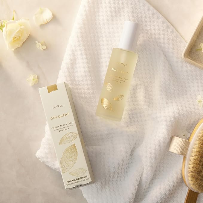 Thymes Daily Shower Spray for a Spa Like Experience - Home Essentials - Mist Scented with Jasmine, Rose, Hyacinth, Lily of the Valley & Oak Moss (Goldleaf Shower Spray, 3.4 fl oz)