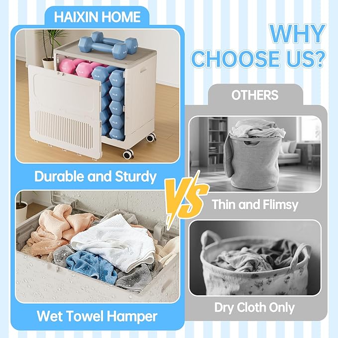 HAIXIN HOME Rolling Laundry Hamper with Lid, 130L Large Capacity Clothes Hampers for Laundry, Plastic Collapsible Laundry Baskets with Wheels and Lid, Install-Free & Easy to Transport to Laundry Room