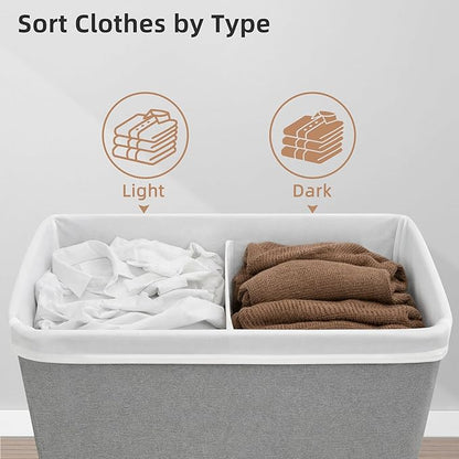 STORAGE MANIAC Double Laundry Hamper with Lid, 140L Tall Metal Frame Laundry Baskets with Removeable Bag, Large Clothes Hamper with PU Tag, Laundry Bin for Dorm, Collage, Bathroom, Bedroom, Gray