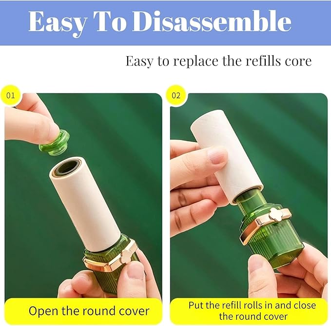 Mini Lint Roller, Portable & Travel Lint Remover for Clothes and Pet Hair, Pocket-Size Lipstick Design, 1 Green and 5 Refills