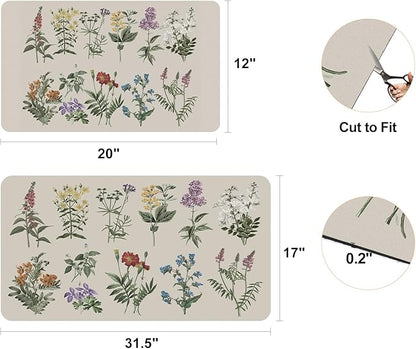 LOKHOM Dish Drying Mat for Kitchen Counter, 17"x32" Absorbent Coffee Bar Mat with Vintage Sage Flower Herbs, Dish Drainer Rack Mats for Kitchen Counter Coffee Maker Pot Dining Room Decoration