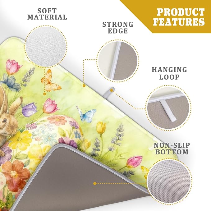 Easter Egg Dish Drying Mat 18x24 Inch Bunny Floral Green Drying Pad for Kitchen Counter Washable