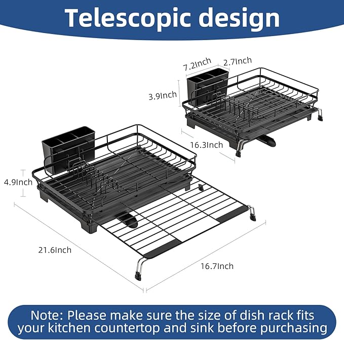 Expandable Dish Drying Rack,Rust-Proof Metal Dish Racks for Kitchen Counter with 360° Swivel Drain Spout,Space-Saving Dish Drainer with Utensil Holder for Small Apartment & Home Organization