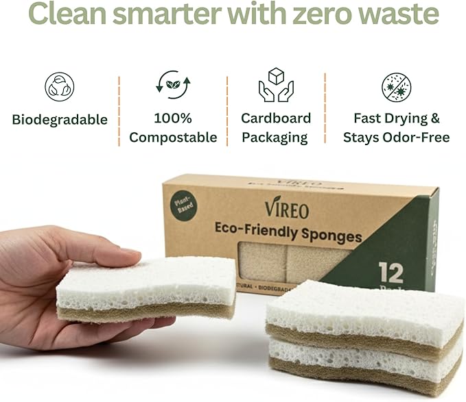 12 Pack Non-Scratch & Odor-Free Eco Sponges – Natural Biodegradable Cellulose & Coconut Fiber Kitchen Scrubbers – Compostable, Zero Waste Sponges for Dishwashing & Cleaning
