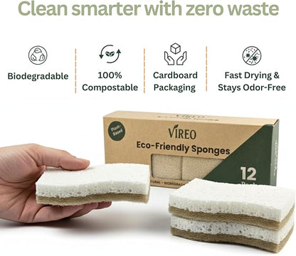 12 Pack Non-Scratch & Odor-Free Eco Sponges – Natural Biodegradable Cellulose & Coconut Fiber Kitchen Scrubbers – Compostable, Zero Waste Sponges for Dishwashing & Cleaning