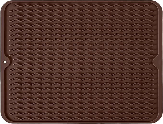 Large 17" x 14" Silicone Dish Drying Mat for Kitchen Counter, Easy clean, Quick Dry, Heat-resistant Dish Drainer Mat for Sink,Refrigerator or Drawer liner (Food Grade Silicone-Coffee)