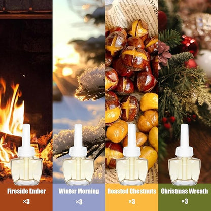 Plug In Refills Air Freshener, Winter Scents with Fireside Ember, Winter Morning, Roasted Chestnuts, Christmas Wreath - 12 Count, 7.92 Fl Oz - Compatible with Air Wick & Glade, Not Include Glade Plus