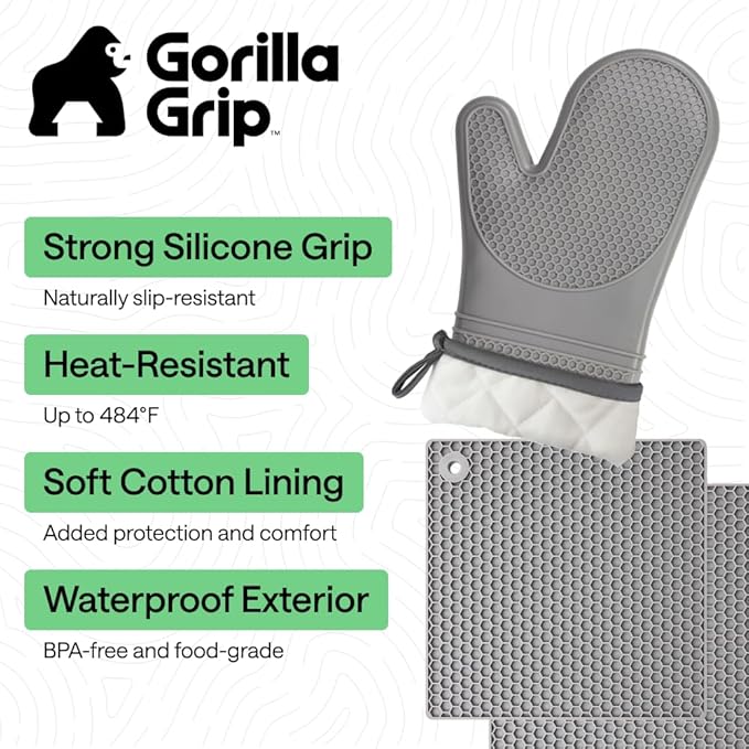 GORILLA GRIP BPA-Free Soft Silicone Oven Mitts and Pot Holders Sets of 4, Heat Resistant Waterproof Cooking Gloves, Thick Cotton Lining, Flexible Gripping for Baking Grilling, Kitchen Trivets, Gray